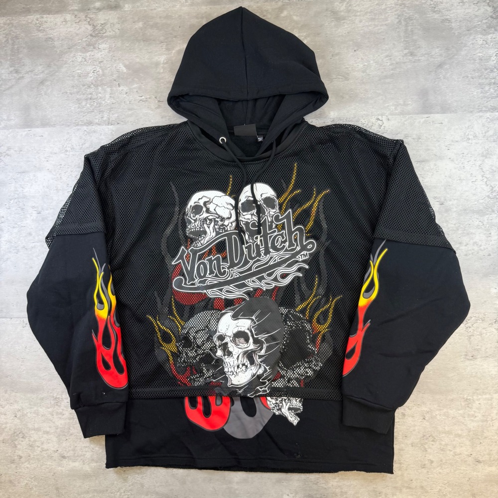 Von Dutch Originals Black Mesh Overlay Skull Flame Graphic Hoodie Large